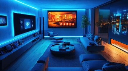 Poster - This modern living room features customizable, ambient smart lighting and touch panels, creating a cozy evening atmosphere for relaxation. Generative AI