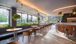 © l1gend - Modern cafe interior with bar island and dining tables with chairs in row