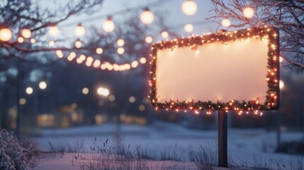 Poster - A winter evening unfolds with soft snow blanketing the ground, while twinkling decorative lights hang above. A blank sign, adorned with greenery, stands ready for messages in this serene setting.