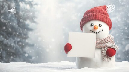 Leinwandbilder - A snowman with a red knitted hat, a red pom-pom, and a red and white scarf stands in a snowy forest. The snowman is holding a white rectangular sign in front of it.