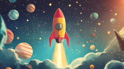 Wall Mural - rocket soaring through space in a mixed media artwork