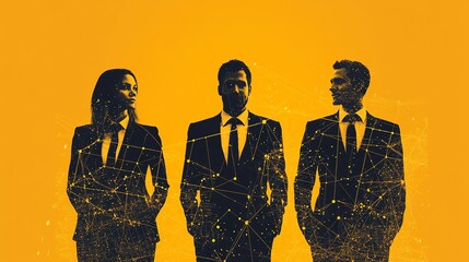 Aufkleber - Three businesspeople in suits standing against a yellow background with a network of connected lines and dots overlaid on them.