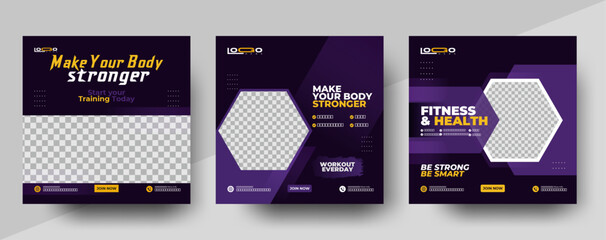 Wall Mural - Set of Gym Fitness social media post design templates. It is suitable for social media, sports Gym Fitness social media post design templates.