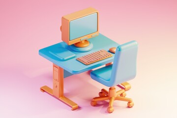 Fototapete - A cartoon style computer desk with a monitor  keyboard  mouse and chair.