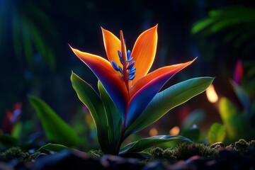 An exotic bird-of-paradise flower blooming in the jungle, surrounded by thick green leaves