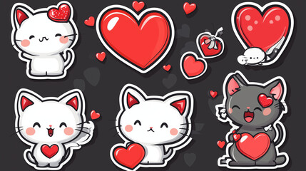 Wall Mural - Cute Valentines Day sticker set featuring cartoon cats with hearts in a playful and adorable style on a dark background