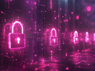 Aufkleber - Abstract digital background with glowing pink padlock icons in futuristic server room.