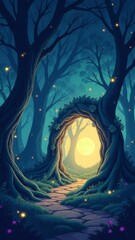 Fototapete - A forest with a moon in the sky and a path leading through it