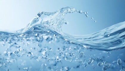 Poster - Crystal Clear Water Splash with Air Bubbles Rising Against Soft Blue Background. Perfect for Hydration, Purity, Clean Energy, and Nature Themed Concepts in Advertising and Design