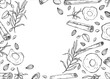 © Masha_tolk_art - Cinnamon sticks, almond seeds, dried apple slices and sea buckthorn vector horizontal frame painted by black inks. Winter ingredients monochrome illustration for desserts, drinks. Copy space for text