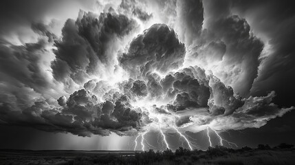 dramatic black and white cloud formation with lightning in ultra-realistic detail. ai generated illu
