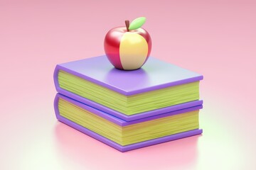 Poster - A red apple with a green leaf sits on top of two stacked purple books with yellow pages.