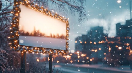 Poster - Snow gently falls as a beautifully lit billboard stands in a city, reflecting a warm winter sunset against a serene backdrop of trees and buildings, creating a cozy, festive atmosphere.