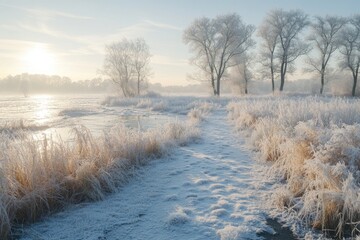 Wall Mural - winter sunrise illuminating frozen riverbank and trees
