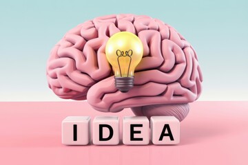 Fototapete - A light bulb on a brain model with the word IDEA spelled out below.