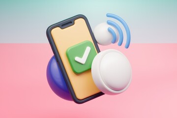 Fototapete - Smartphone with checkmark  spheres  and wifi symbol in 3D.