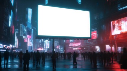 Aufkleber - A large billboard with a blank white screen is illuminated in a futuristic city at night.