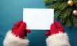 © Vitalii - Man is holding white card on blue Christmas background. The card is empty, and the man is wearing red gloves