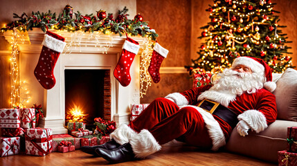 Poster - Santa Claus Relaxing by Fireplace with Christmas Tree and Stockings in Cozy Holiday Home