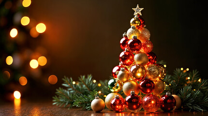 Poster - Festive Christmas Decor with Ornament-Filled Tree and Glowing Lights Background