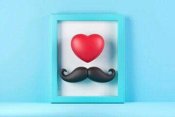 Poster - A red heart and black mustache in a blue frame.
