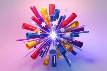 Poster - Colorful 3D tubes exploding with stars  vibrant abstract art.