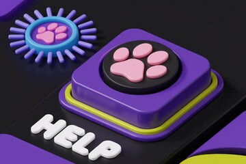 Aufkleber - 3D Rendered Purple Button with Paw Print and Help Text