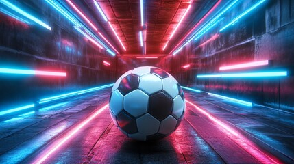 Fototapete - A soccer ball sits in the middle of a dark tunnel with vibrant blue and pink neon lights.