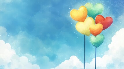 Wall Mural - colorful heart-shaped balloons floating against a bright blue sky with soft clouds, evoking joy and 