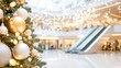 © mashimara - Close-up of decorated Christmas tree with golden baubles and lights in a festive shopping arcade, capturing holiday warmth and luxury.