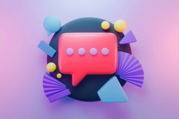 Fototapete - 3D render of a pink chat bubble with three dots on a colorful background