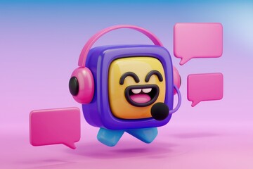 Poster - A happy cartoon character with a headset talking in speech bubbles.