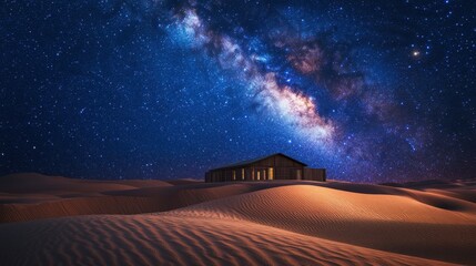 Bright stars and a glowing Milky Way galaxy above a serene desert, with sand dunes reflecting the starlight.