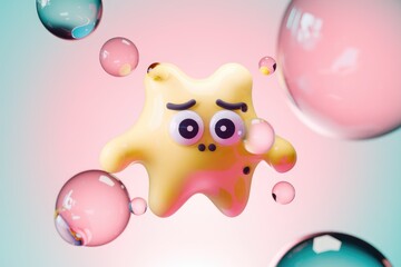 Poster - A cartoon yellow creature with big eyes and a frown surrounded by pink and blue bubbles.