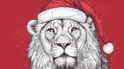 Wall Mural - Line art illustration of a hand drawn lion adorned with a Santa hat