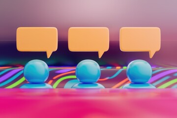 Poster - Three blue figures with speech bubbles above them  in a vibrant abstract background