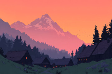 Wall Mural - A mountain range with a sunset in the background