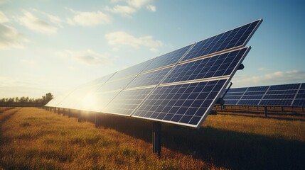 A photo of a solar panel array in a field.