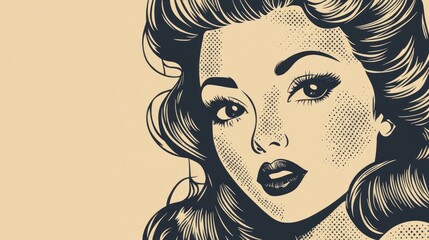 Wall Mural - Line art illustration of a vintage comic style cartoon female face