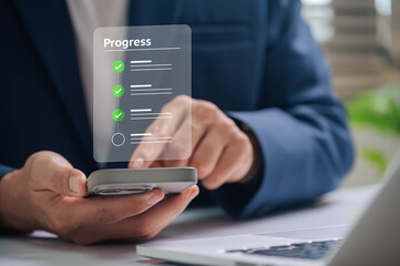 Leinwandbilder - Digital Checklist and Task Management Concept. Business Using Smartphone for Progress Tracking. in a Modern, Efficient Workflow, Ideal for Productivity and Project Success Themes.