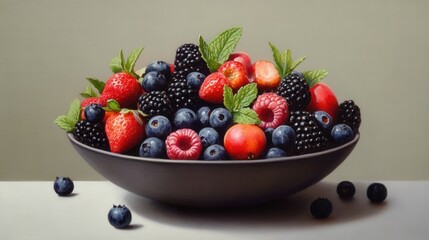 Wall Mural - Bowl of mixed berries with fresh mint on a gray background