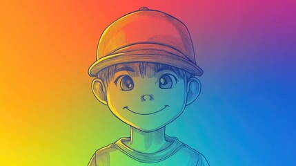 Wall Mural - Line art illustration of a rainbow gradient drawing depicting a cartoon boy with a hat