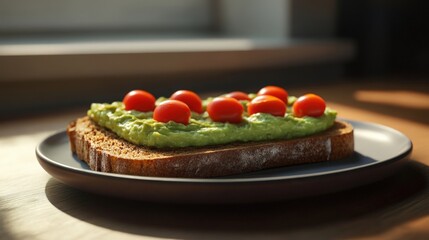 Poster - Sliced rye bread with avocado spread and cherry tomatoes on a plate