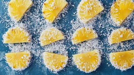 Poster - Slices of pineapple with coconut flakes on a blue background top view