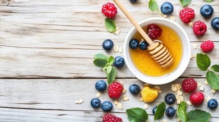 Wall Mural - Oatmeal with fresh berries and honey in a white bowl on a wooden background