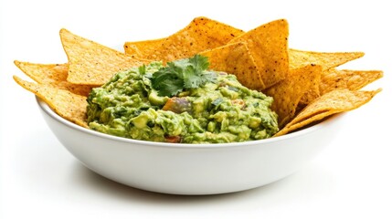 Wall Mural - Fresh guacamole in a bowl with tortilla chips on a white background