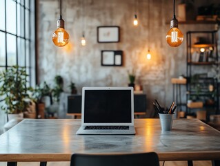 Poster - Laptop with blank screen on a wooden desk in a modern loft office with plants and lamps.