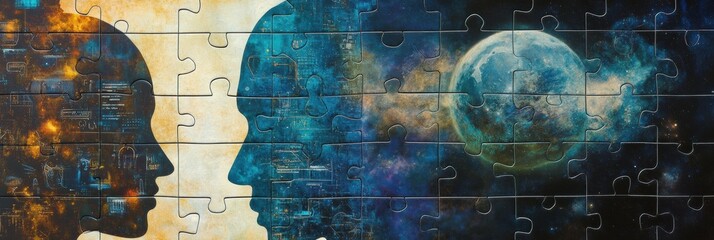 Aufkleber - A creative puzzle showcases one half filled with technological symbols and the other half illustrating justice and human rights themes. Generative AI