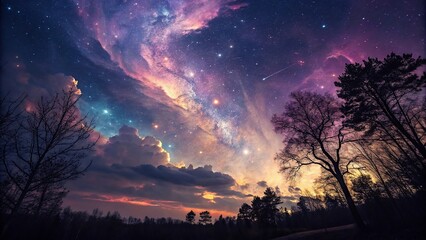 Wall Mural - whimsical and fantastical representation of the night sky with swirling shapes and colors in shades 