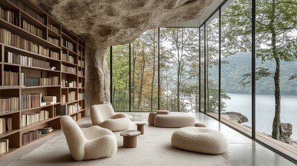 Wall Mural - Modern living room with large windows overlooking a lake and mountains. The room is furnished with comfortable armchairs and ottomans, and there is a large bookcase in the background.